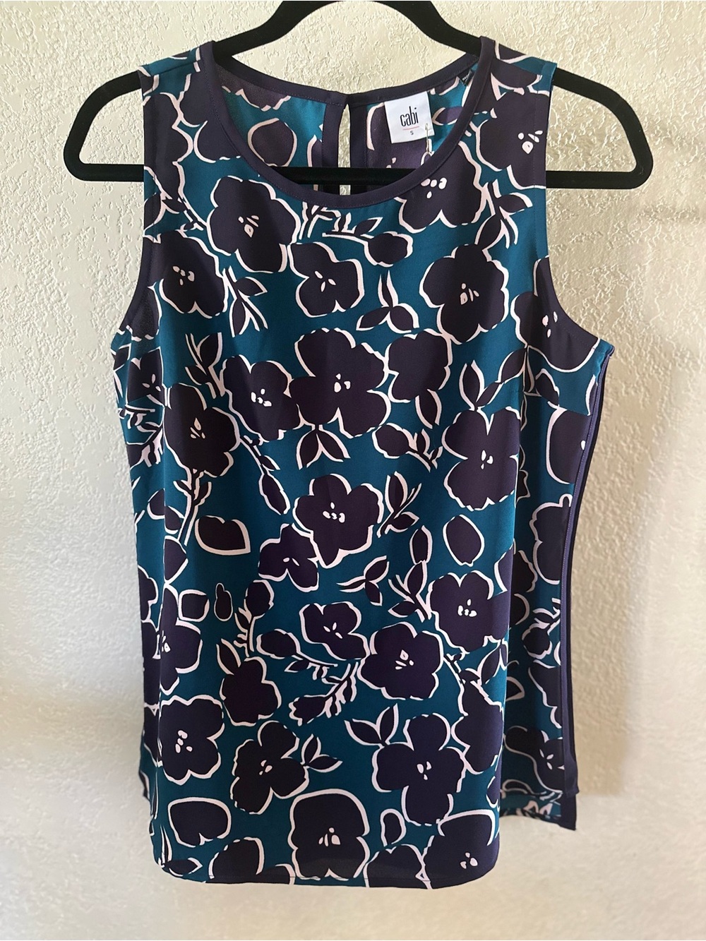 CAbi Teal and Navy Floral Sleeveless Shell